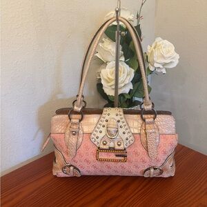 Guess Pink and Gold Croc-Embossed Satchel